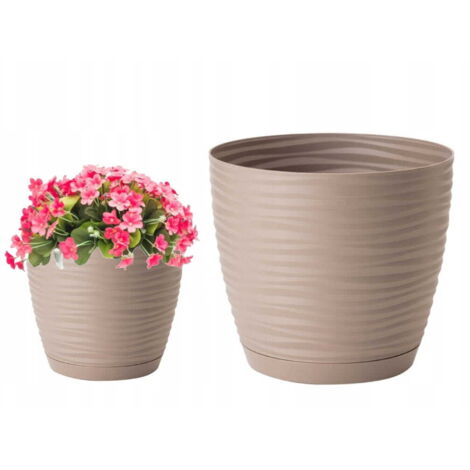 Runder Blumentopf aus Kunststoff mit Untersetzer, beige, 12,7x11,8cm