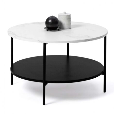 Runder Couchtisch mit doppelter Tischplatte ALASKA Marmoreffekt und schwarzes Holz 70 cm