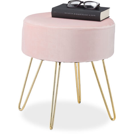 Runder, eleganter Schminktischhocker mit goldfarbenen Metallbeinen, modern, aus Samt, Maße: 40 x 40 cm (H x T), Farbe: Rosa