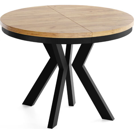 Runder Esstisch Ausziehbar 100-200 cm XXL Groß – Verlängerbar, für 5-10 Personen mit Schwarzen Holzbeinen & Metallring – Wohnzimmertisch in Eiche Braun