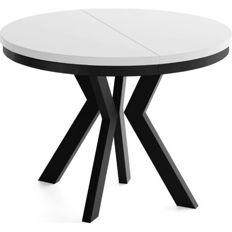 Runder Esstisch Ausziehbar 100-300 cm XXL Groß – Verlängerbar, für 5-14 Personen mit Schwarzen Holzbeinen & Metallring – Wohnzimmertisch in Weiß