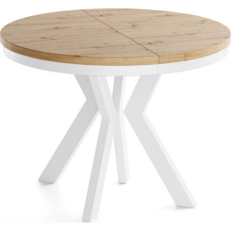 Runder Esstisch Ausziehbar 100-300 cm XXL Groß – Verlängerbar, für 5-14 Personen mit Weißen Holzbeinen & Metallring – Wohnzimmertisch in Eiche Artisan Hellbraun