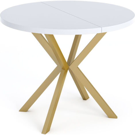 Runder Esstisch Ausziehbar ⌀ 100 cm - Goldene X-Beine - Weiß - EU Herstellung