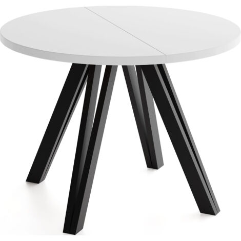 Runder Esstisch Ausziehbar 100–140 cm mit Schwarzen Holzbeinen aus Buchenholz – Ausziehtisch für Esszimmer, Küche – Tisch für 4–8 Personen – Weiß