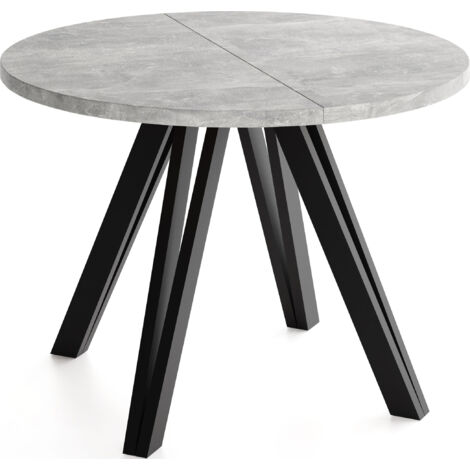 Runder Esstisch Ausziehbar 100–180 cm mit Schwarzen Holzbeinen aus Buchenholz – Ausziehtisch für Esszimmer, Küche – Tisch für 4–8 Personen – Beton Grau