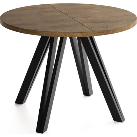 Runder Esstisch Ausziehbar 100–180 cm mit Schwarzen Holzbeinen aus Buchenholz – Ausziehtisch für Esszimmer, Küche – Tisch für 4–8 Personen – Eiche Braun Rustikal