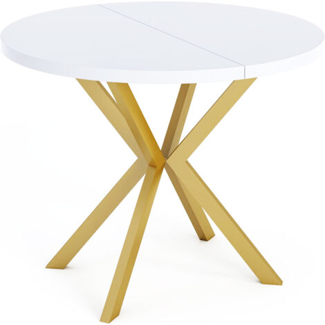 Runder Esstisch Ausziehbar ⌀ 120 cm - Goldene X-Beine - Weiß - EU Herstellung