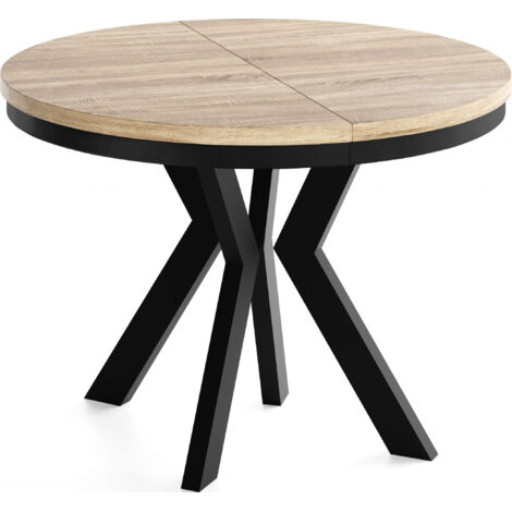 Runder Esstisch Ausziehbar 80-130 cm – Verlängerbar, für 4-6 Personen mit Schwarzen Holzbeinen & Metallring – Wohnzimmertisch in Eiche Sonoma Hellbraun