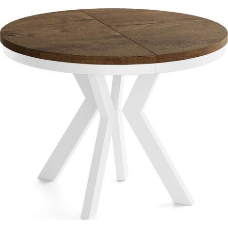 Runder Esstisch Ausziehbar 80-130 cm – Verlängerbar, für 4-6 Personen mit Weißen Holzbeinen & Metallring – Wohnzimmertisch in Eiche Braun Rustikal