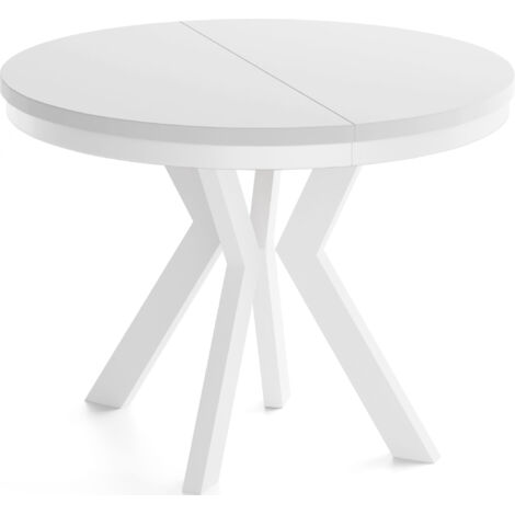 Runder Esstisch Ausziehbar 80-130 cm – Verlängerbar, für 4-6 Personen mit Weißen Holzbeinen & Metallring – Wohnzimmertisch in Weiß