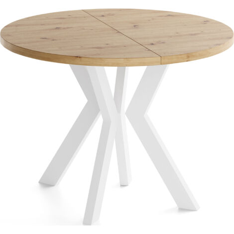 Runder Esstisch Ausziehbar 80-130 cm – Verlängerbar, für 4-6 Personen mit Weißen Holzbeinen – Wohnzimmertisch in Eiche Artisan Hellbraun