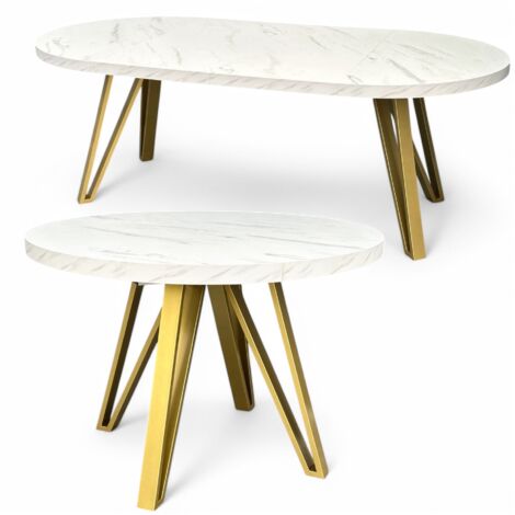 Runder Esstisch Ausziehbar Weißer Marmor (Ø90/190 cm) mit Goldenen Metallbeinen