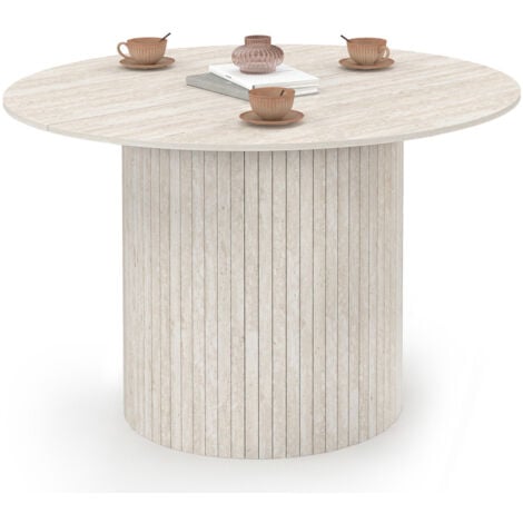 IDMARKET Runder Esstisch JULIETTE 6 Personen Zentralfuß mit Latteneffekt in Travertinoptik 110 cm