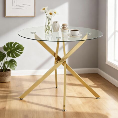 Runder Esstisch mit Platte aus gehärtetem Glas und goldfarbenen Beinen, Couchtisch, moderner minimalistischer Esstisch, 80 × 80 × 76 cm