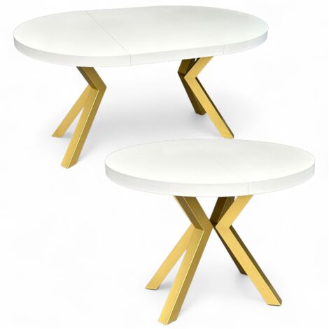Runder Esstisch Weiß (Ø110/210 cm) Ausziehbar mit Goldenen X-Metallbeinen