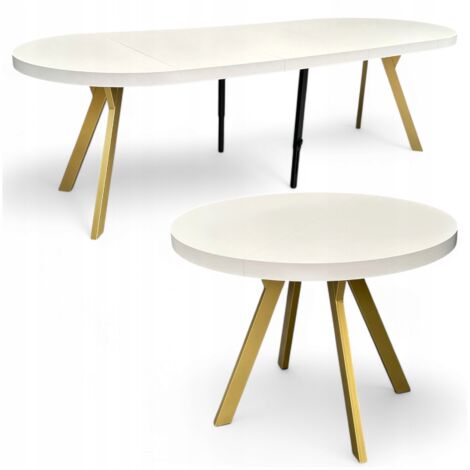 Runder Esstisch Weiß Halbmatt Ausziehbar Ø100/300 cm mit Goldenen Y-Metallbeinen