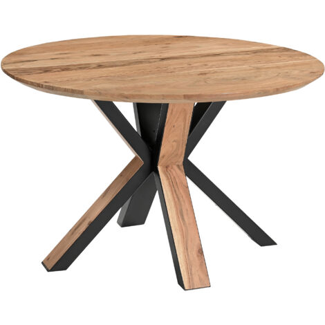 Runder Esszimmertisch Akazie naturfarben Schweizer Kante 105 cm Spider-Gestell schwarz aus Metall + Holz CARA