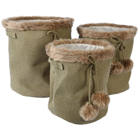 Runder Korb mit Polyesterpelz-Pompon H 45 x Ø 40 cm