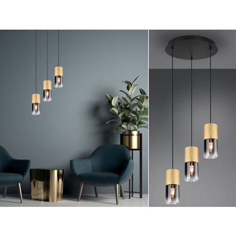 Runder Kronleuchter 3 Lichter Zylinder Messing Rauchglas Robin Trio Beleuchtung