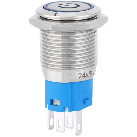 Runder Metall-Druckknopf (16 mm) mit blauer LED-Anzeige und Ein/Aus-Symbol, 24 V, selbstrückstellend
