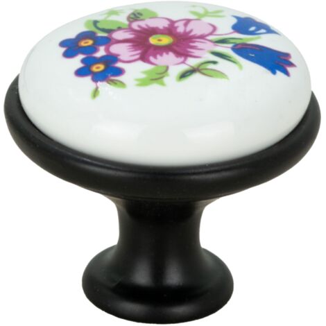Runder schwarzer Möbelknopf mit Keramik und Retro-Blumenmuster