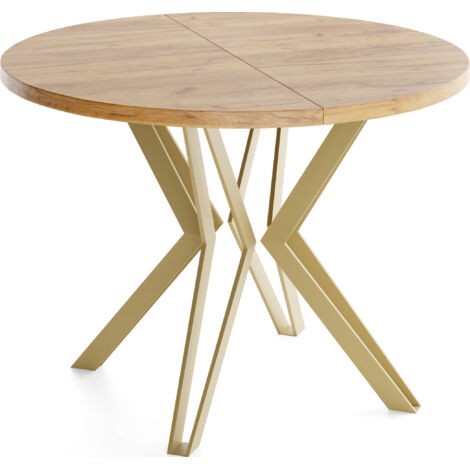 Runder Tisch für das Esszimmer - 100 oder 120 cm Durchmesser - Ausziehbarer Tisch mit Pulverbeschichteten Goldenen Metallbeinen - 100 cm - Craft Eiche