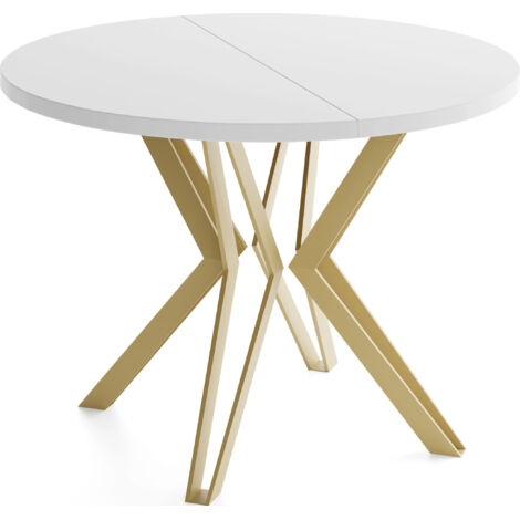 Runder Tisch für das Esszimmer - 100 oder 120 cm Durchmesser - Ausziehbarer Tisch mit Pulverbeschichteten Goldenen Metallbeinen - 100 cm - Weiß
