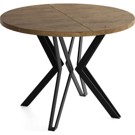 Runder Tisch für das Esszimmer - 100 oder 120 cm Durchmesser - Ausziehbarer Tisch mit Pulverbeschichteten Schwarzen Metallbeinen - 100 cm - Lefkas Eiche