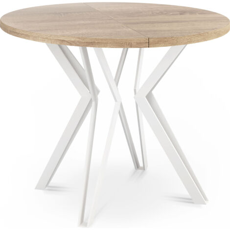 Runder Tisch für das Esszimmer - 100 oder 120 cm Durchmesser - Ausziehbarer Tisch mit Pulverbeschichteten Weißen Metallbeinen - 100 cm - Sonoma Eiche