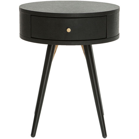 Runder Vintage-Nachttisch aus Holz, schwarzem Metall und goldfarbenen Details KORAL
