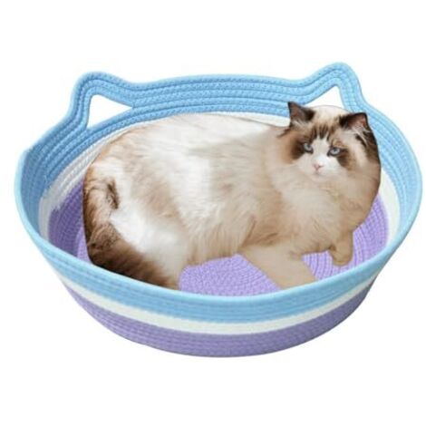Runder, waschbarer Katzenkorb aus Baumwollseil, süßes, warmes, geflochtenes Katzenbett, faltbar, atmungsaktiv, waschbar, Blau und Lila, sichtbare Farben für Katzen, 41,5 x 34,5 x 11 cm