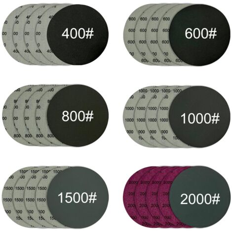 Rundes, beflocktes Schleifpapierblatt mit 12,7 cm (5 Zoll) Durchmesser für Trocken- und Nassschleifen, 30 Blatt (Körnungen 400/600/800/1000/1500/2000), kompatibel mit Raupenschleifern.