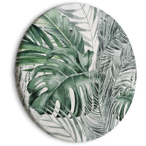Rundes Bild – Exotische Flora – Verschiedene tropische Pflanzenarten in Aquamarin- und Salbeigrüntönen/Dichter Dschungel