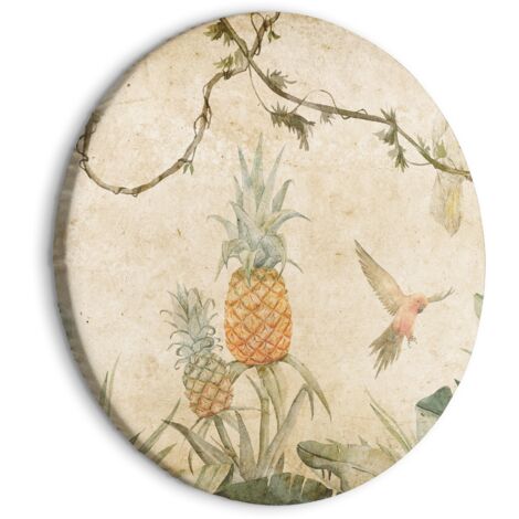 Rundes Bild – Tropen in gedeckten Farben – Papageien und Ananas inmitten üppiger, exotischer Vegetation in zarten Grüntönen / Papageien im Dschungel