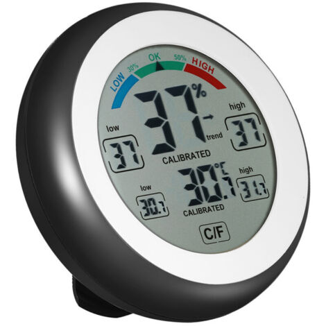 Rundes Touchscreen-Thermohygrometer mit Uhr, Schwarz