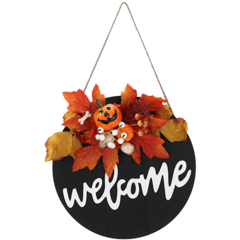 Rundes Türschild aus Holz im Landhausstil, Eingangsdekoration für Halloween und Weihnachten mit Ahornblatt und Skelett