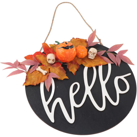 Rundes Türschild aus Holz im Landhausstil, Halloween- und Weihnachtsdekoration mit lila Blatt und Kürbis