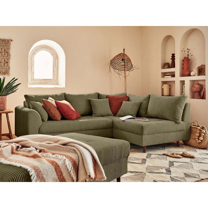 Lisa Design - Rune - canapé d'angle droit - 4 places - avec pouf d'appoint - en velours côtelé - vert