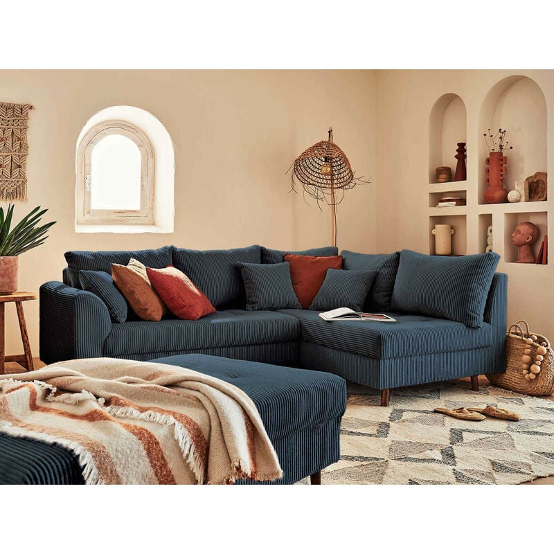 Lisa Design - Rune - canapé d'angle droit - 4 places - avec pouf d'appoint - en velours côtelé - bleu nuit