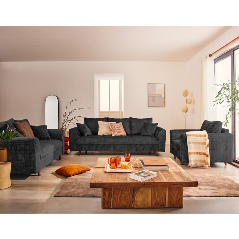 Lisa Design - Rune - canapé droit 3 places en velours texturé - gris anthracite