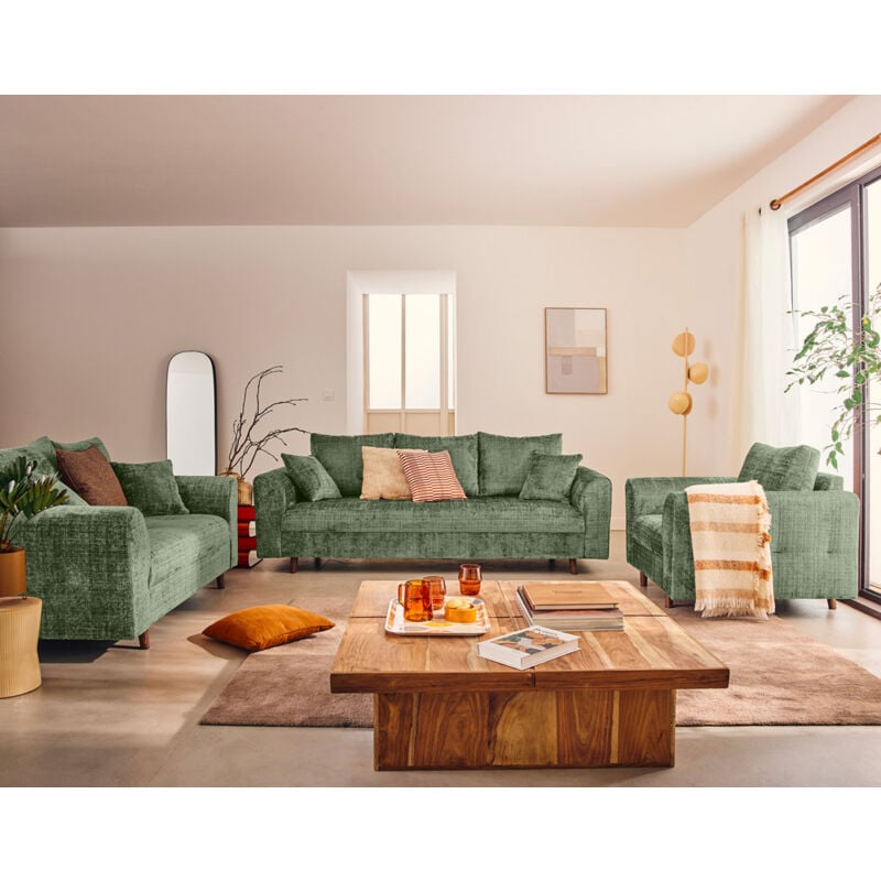 Lisa Design - Rune - canapé droit 3 places en velours texturé - vert sauge