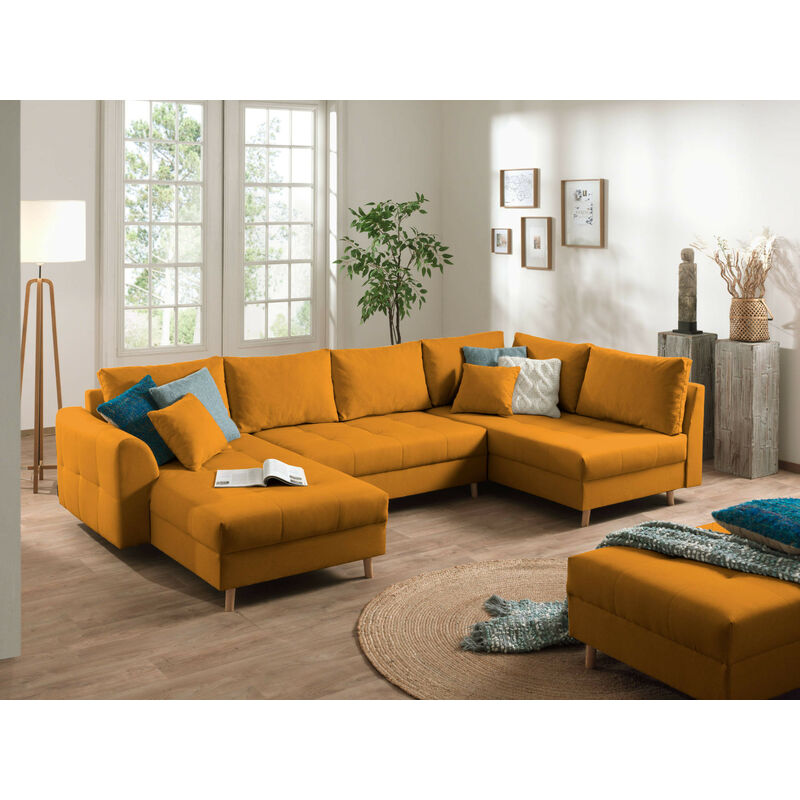 Lisa Design - Rune - canapé panoramique - avec pouf d'appoint - 7 places - style scandinave - droit - jaune