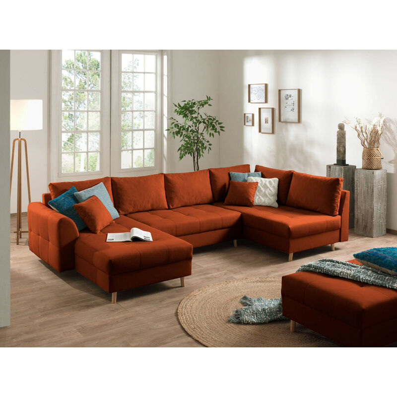 Lisa Design - Rune - canapé panoramique - avec pouf d'appoint - 7 places - style scandinave - droit - rouille