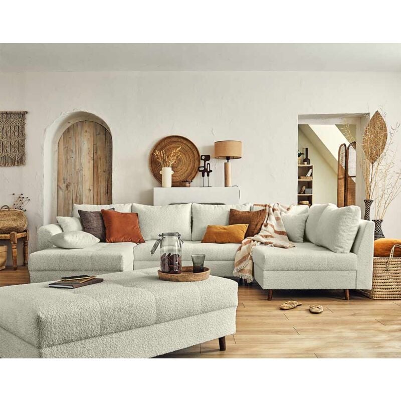 Lisa Design - Rune - canapé panoramique d'angle droit - 7 places - avec pouf d'appoint - en tissu bouclette - beige