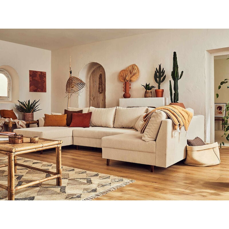 Lisa Design - Rune - canapé panoramique d'angle droit - 7 places - en velours côtelé - beige
