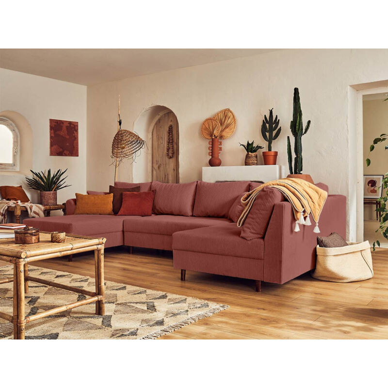 Lisa Design - Rune - canapé panoramique d'angle droit - 7 places - en velours côtelé - terracotta