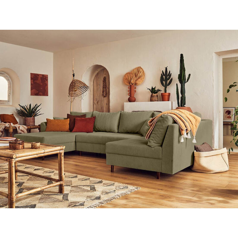 Lisa Design - Rune - canapé panoramique d'angle droit - 7 places - en velours côtelé - vert