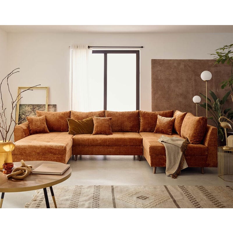 Lisa Design - Rune - canapé panoramique d'angle droit 7 places en velours texturé - rouille