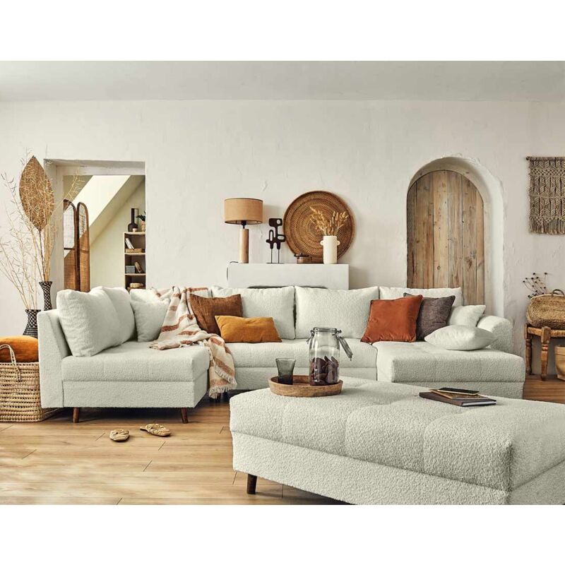 Lisa Design - Rune - canapé panoramique d'angle gauche - 7 places - avec pouf d'appoint - en tissu bouclette - beige