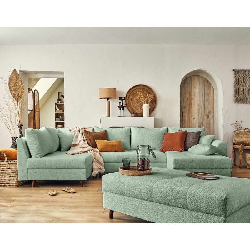 Rune - canapé panoramique d'angle gauche - 7 places - avec pouf d'appoint - en tissu bouclette - vert sauge